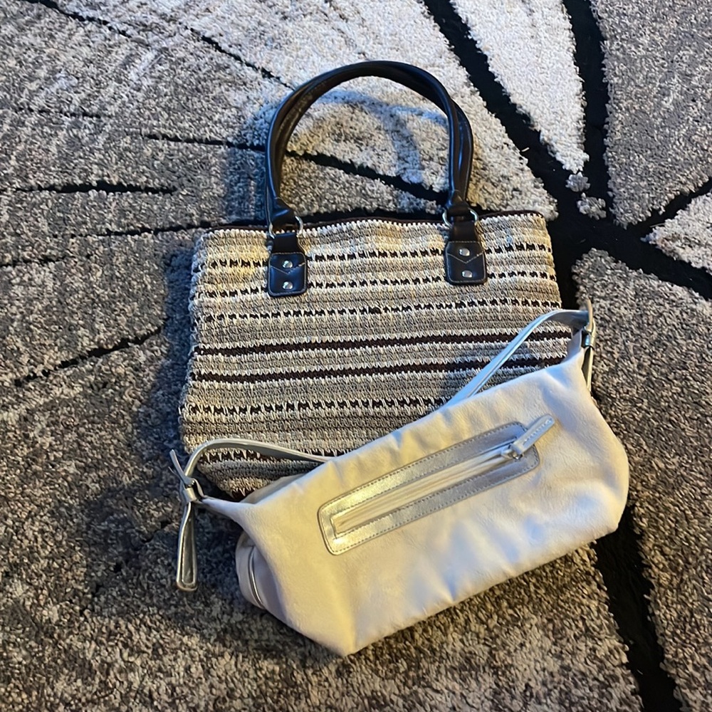 Purse lot. White Bath & Body purse and tan and brown weaved bucket bag.
